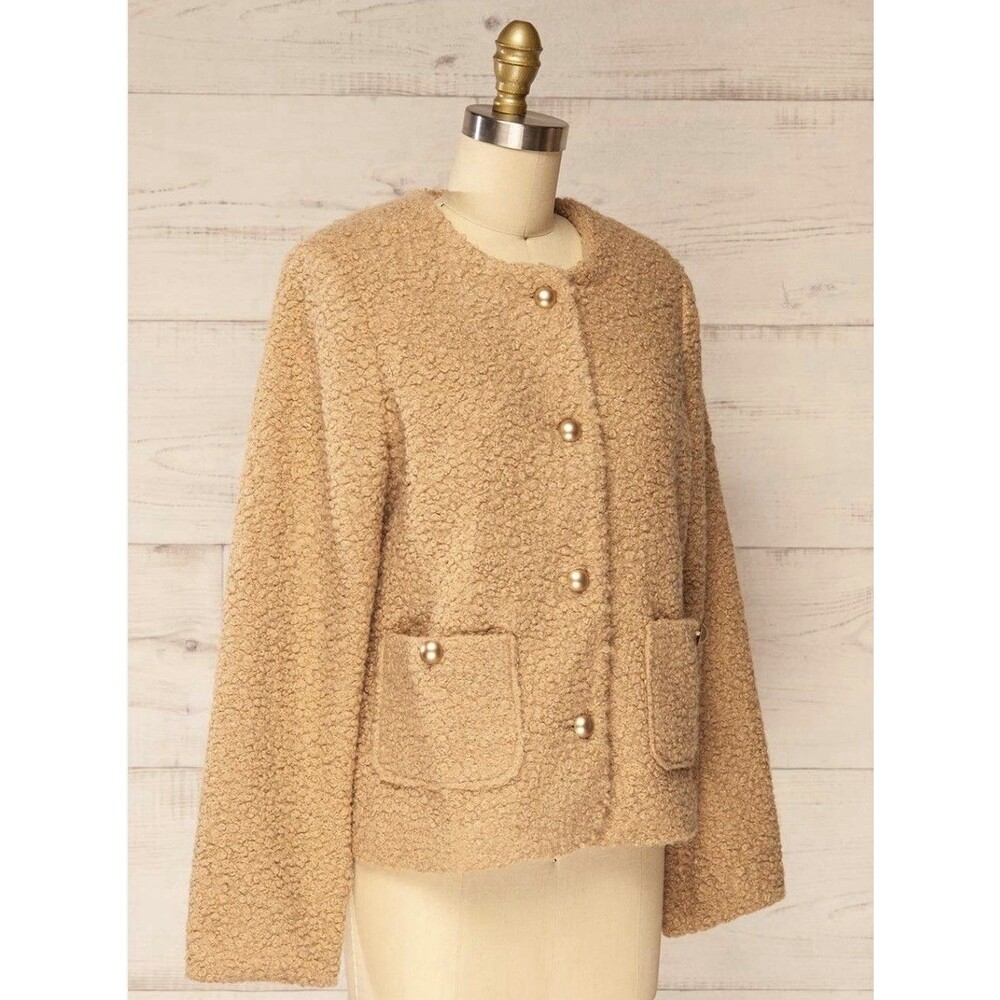 Sadie & Sage Beige Bouclé Teddy Jacket Gold Button Boxy Cropped Large